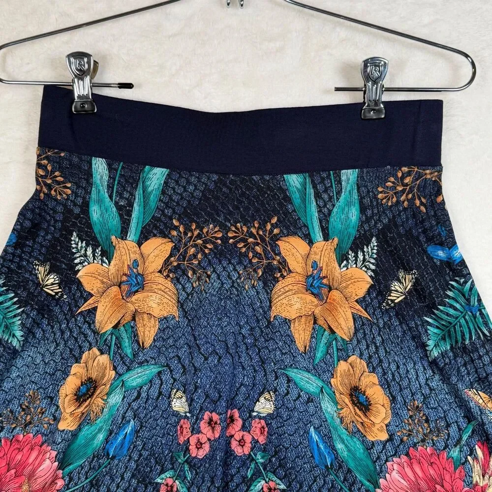 Desigual Skirt S Floral Butterfly Print Fit Flare Pull On Elastic Waist Blue